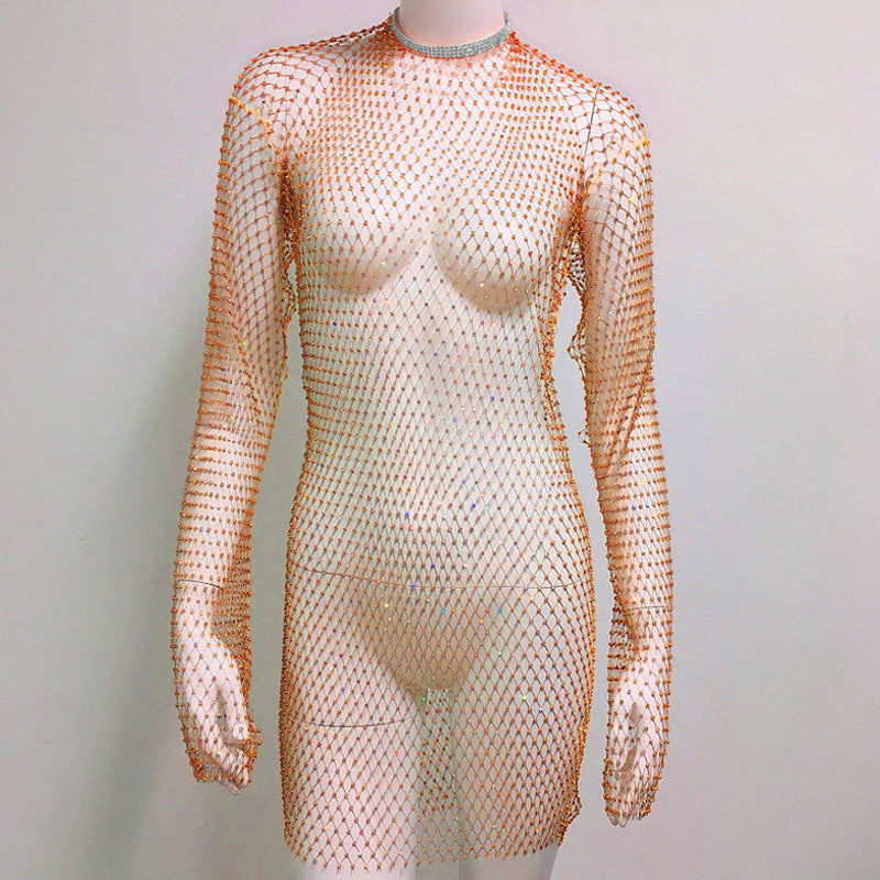 Grid Rhinestone Fishnet Fishnet Beach Dress