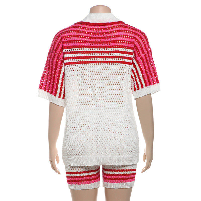 Summer Hollowed Out Polo Collar Top High Waist Knit Shorts Outfit