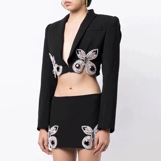 Women’s Butterfly Decorative Blazer & High Waist Skirt Suit - Elegant - ForVanity women's clothing, women's outfits, women's suits Skirt Suits