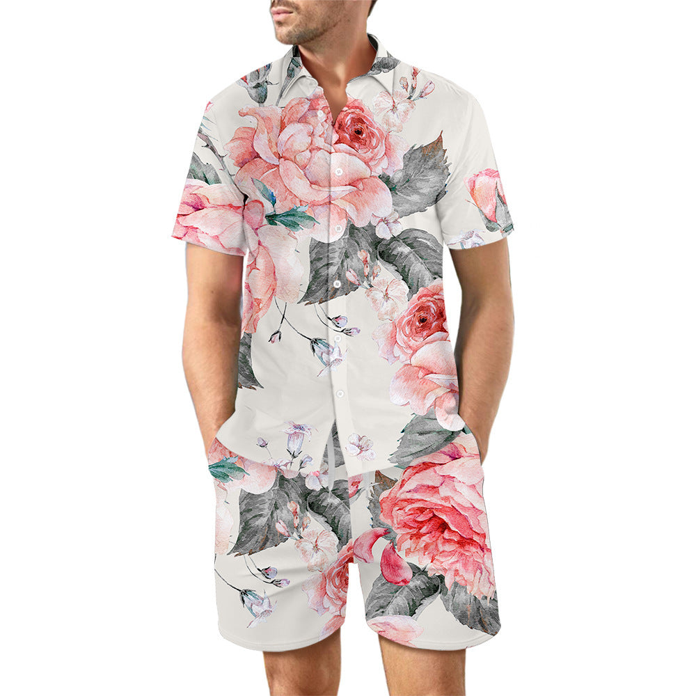 Men's Digital Printed Beach Outfit - Short Sleeve Top with Matching Shorts