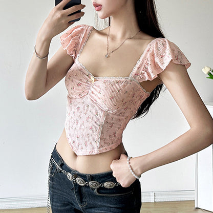 French Floral Lace Flying Sleeve Slim Top