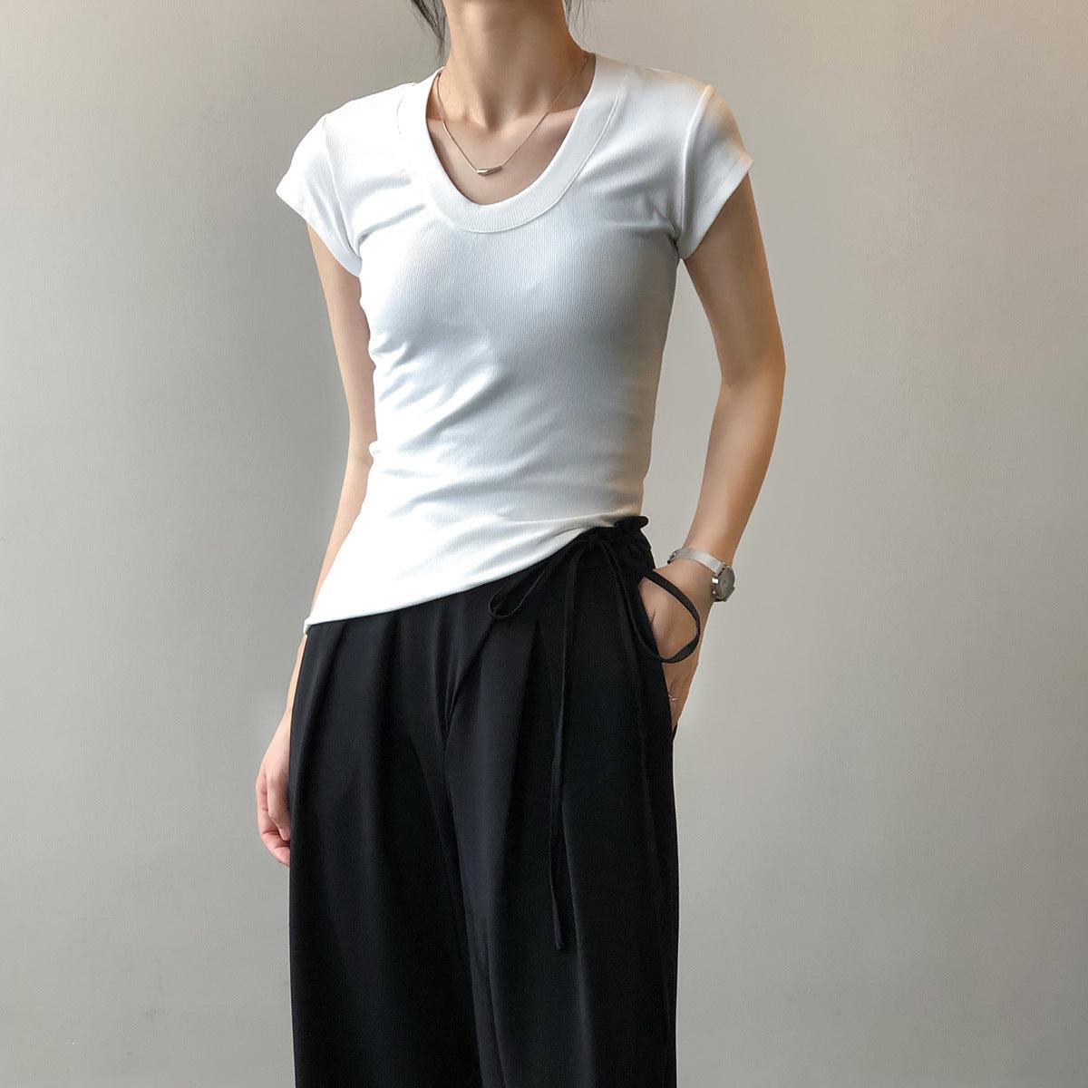 Summer Casual Slim Fit Solid Color Short Sleeve Women's T-Shirt - ForVanity women's clothing, women's t-shirts T-Shirts