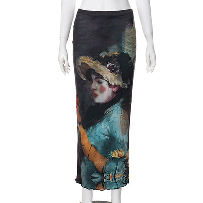 Print Design Transparent Cropped Top Long Skirt Outfit