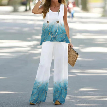 Summer Women Printed Sleeveless Top Trousers Outfit