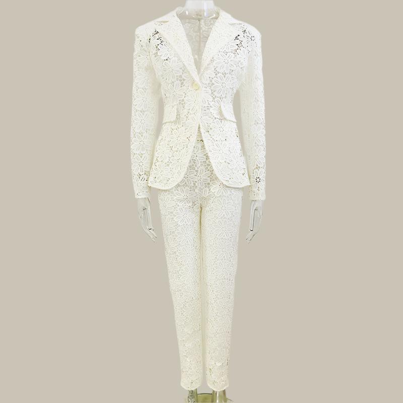 Women’s Slim Lace Suit & Skinny Pants - Elegant, Patchwork Design - ForVanity women's clothing, women's outfits, women's suits Pant Suits