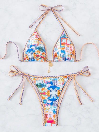 Printed Embellished Triangle Cup Bikini Swimsuit