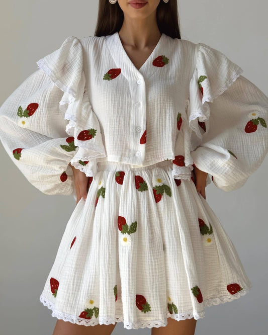 Cotton Linen Ruffled Strawberry Printed Short Skirt Outfit