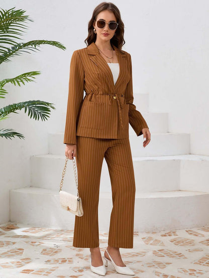 Women’s Striped Blazer & Straight Leg Trousers - Office Two-Piece Set - ForVanity women's clothing, women's outfits, women's suits Pant Suits