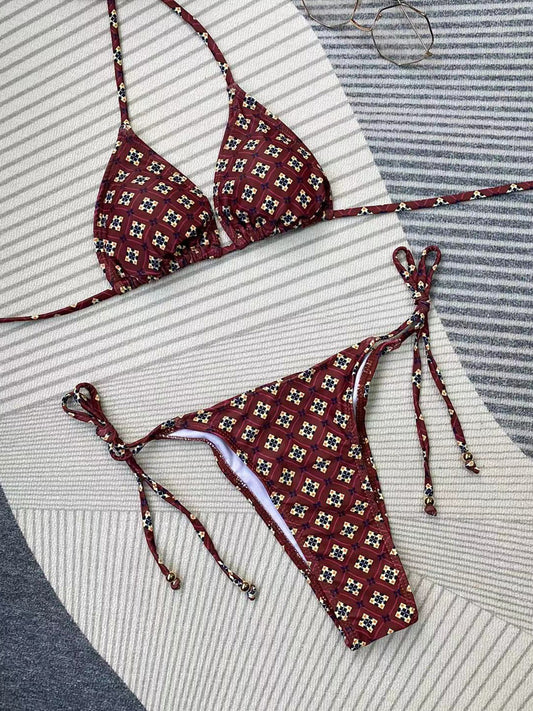 Printed Lace up Bikini Split Swimsuit