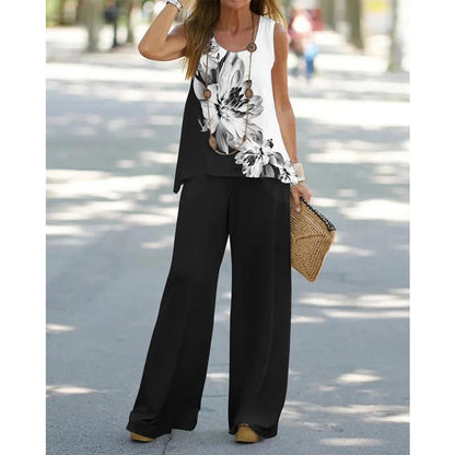 Summer Women Printed Sleeveless Top Trousers Outfit