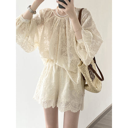 Women Summer Elegant Embroidery Top Shorts Outfit