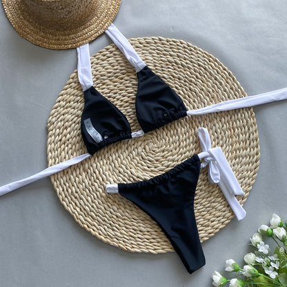 Stitching Black White Strap Split Swimsuit