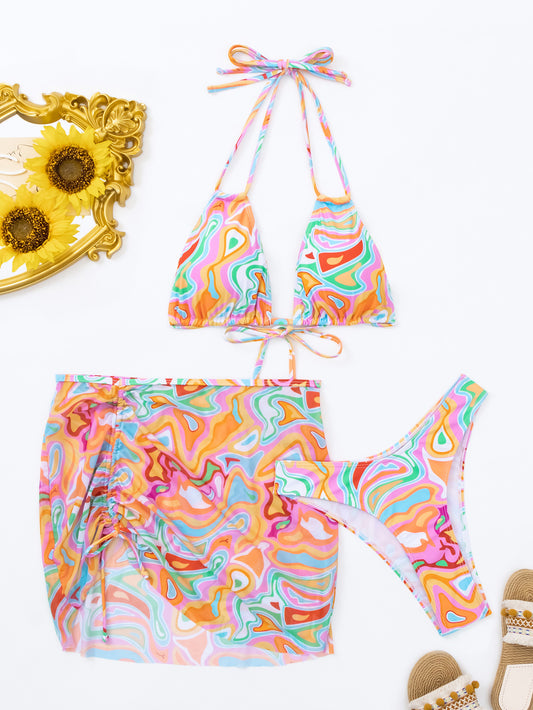 Swirl Print Three-Piece Bikini Set with Corrugated Blouse and Gauze Skirt