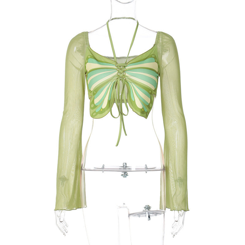 Butterfly Lace-Up Crop Top - Green Mesh