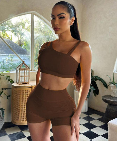 Women Summer Solid Color Sling Slim Fit Fitness Shorts Outfit - ForVanity 