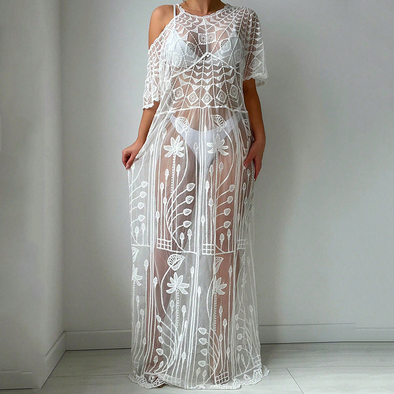 Embroidery Cover up Vacation Maxi Beach Dress