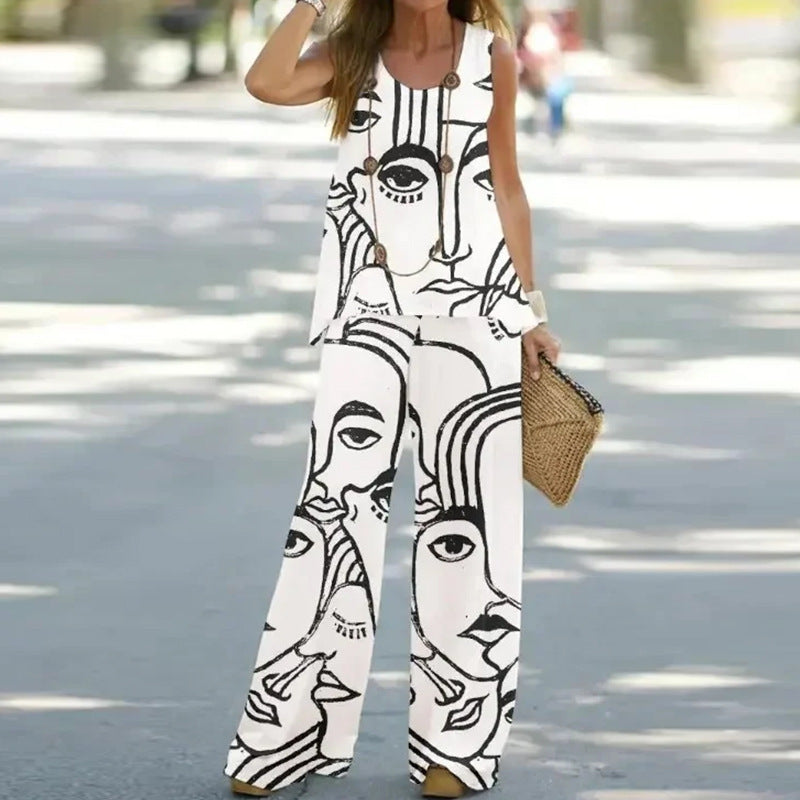 Summer Women Printed Sleeveless Top Trousers Outfit