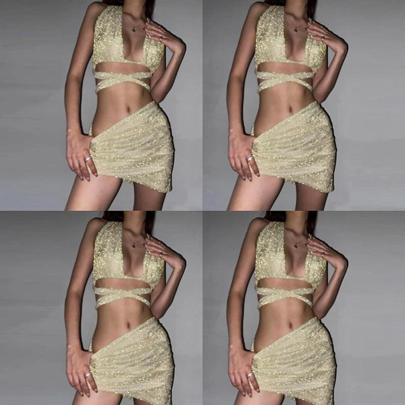 Smoldering Low-Cut Crop Suit & Bandage Pleated Asymmetric Set - ForVanity skirt outfit, women's clothing, women's outfits Skirt Outfit