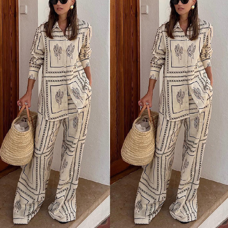 Printed Long Sleeved Shirt Trousers Two Piece Outfit