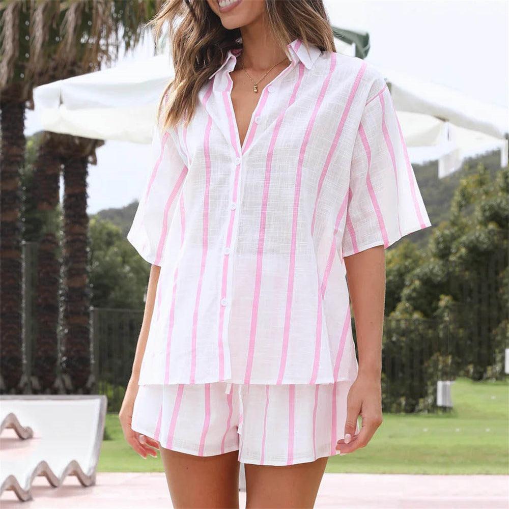 Summer Striped Printed Beach Casual Shorts Outfit - ForVanity 