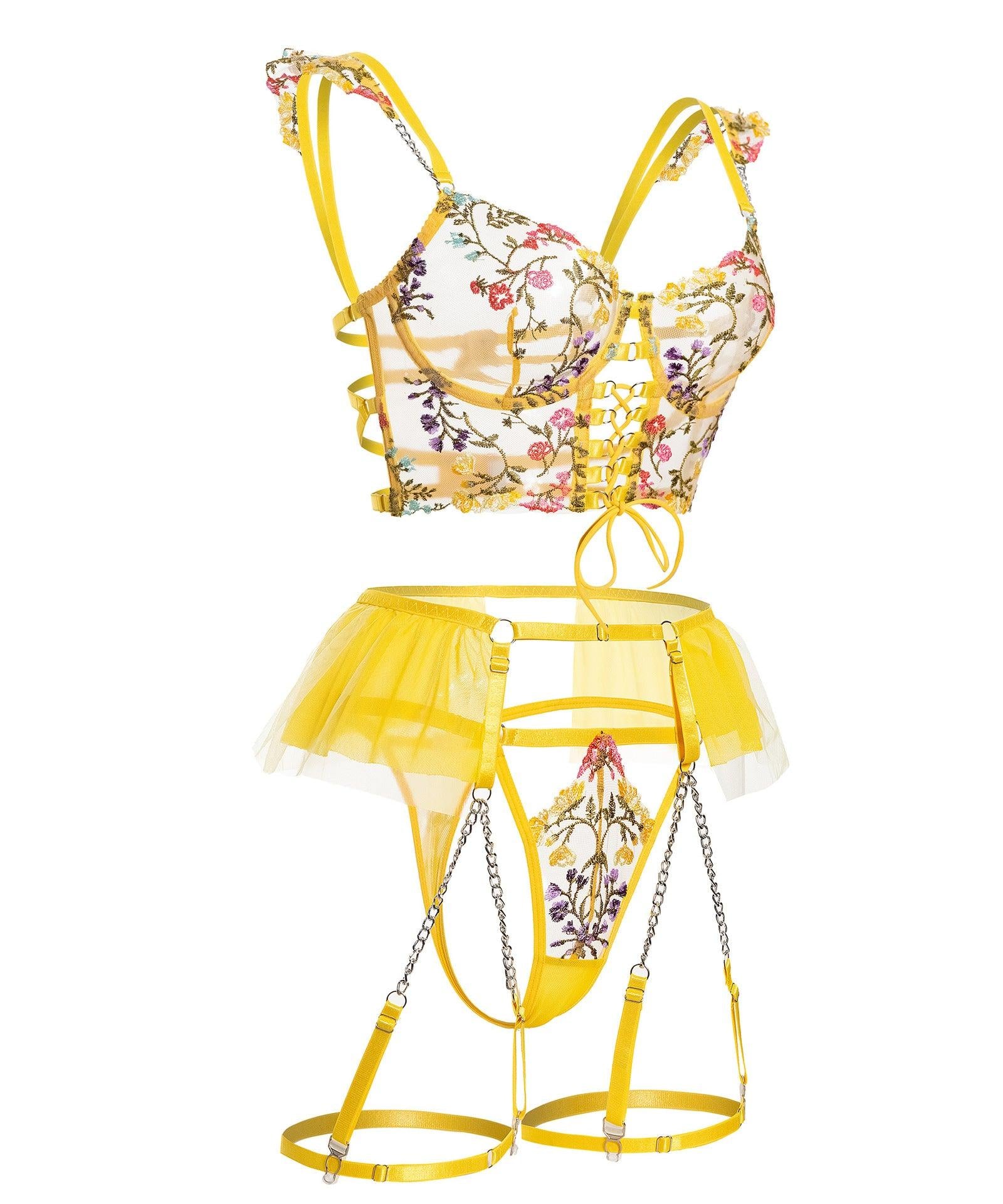 Floral Lace Lingerie Set - Embroidered Mesh Bra & Panty - ForVanity lingerie, women's lingerie Lingerie Set