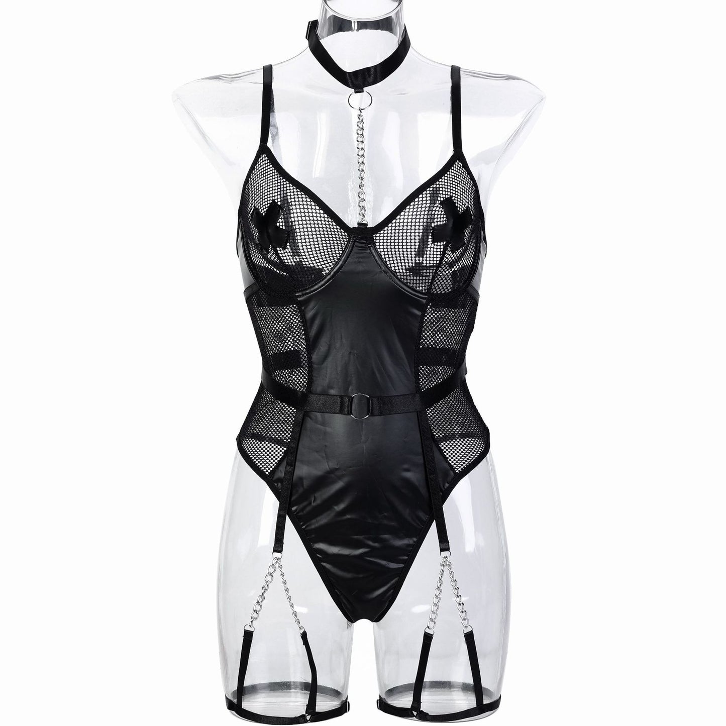 Faux Leather Stitching Mesh Hollow Out Cross Stickers Heavy Metal Chain Bodysuit