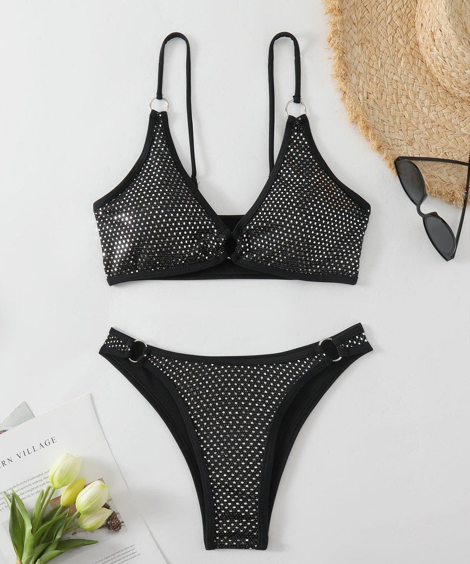 Sequin Split Bikini Swimsuit - Boho Vacation Style, Ring Detail - ForVanity women's lingerie, women's swimwear Swimwear