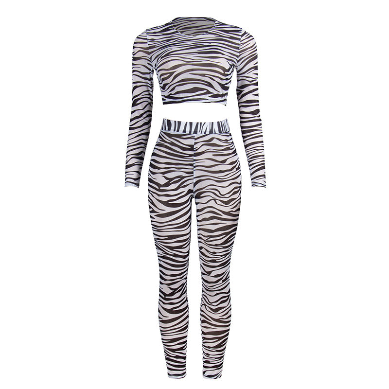 Women’s Striped Printed Crop Top & High Rise Trousers Suit - Mesh Design - ForVanity pant outfit, women's outfits Pants Outfits