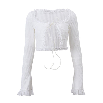 Knitted Lace up Cardigan Long Sleeve Top Cake Skirt Outfit