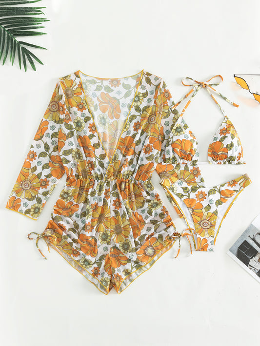 Blouse Lace Up Printed Bikini Split With Chest Pad Swimsuit