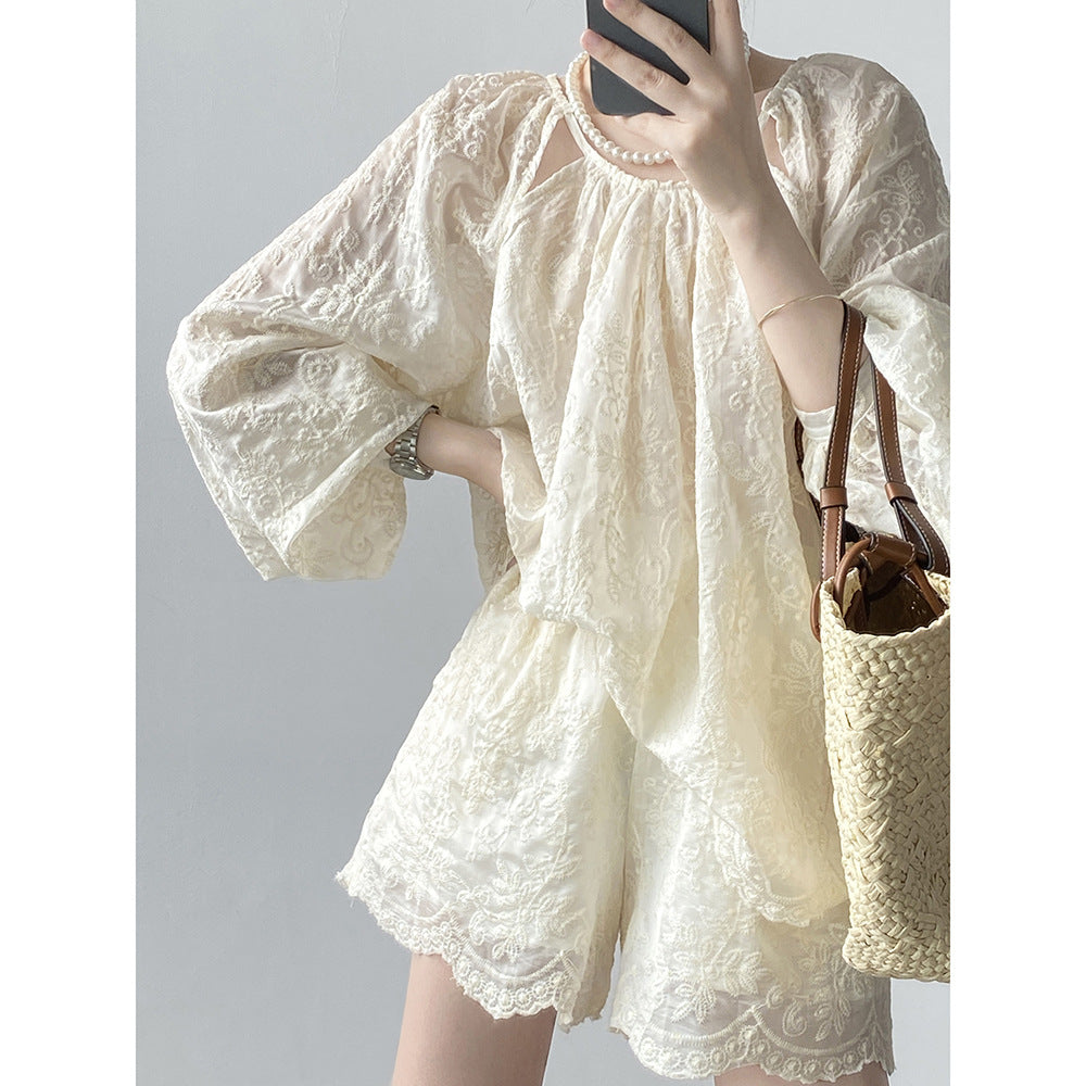 Women Summer Elegant Embroidery Top Shorts Outfit