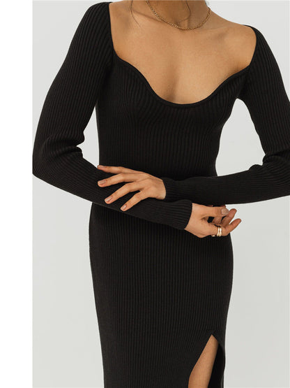 Long Sleeve High Split Length Sweater Tight Sexy Thread Knitted Bottoming Thickening Autumn Winter Dress Women