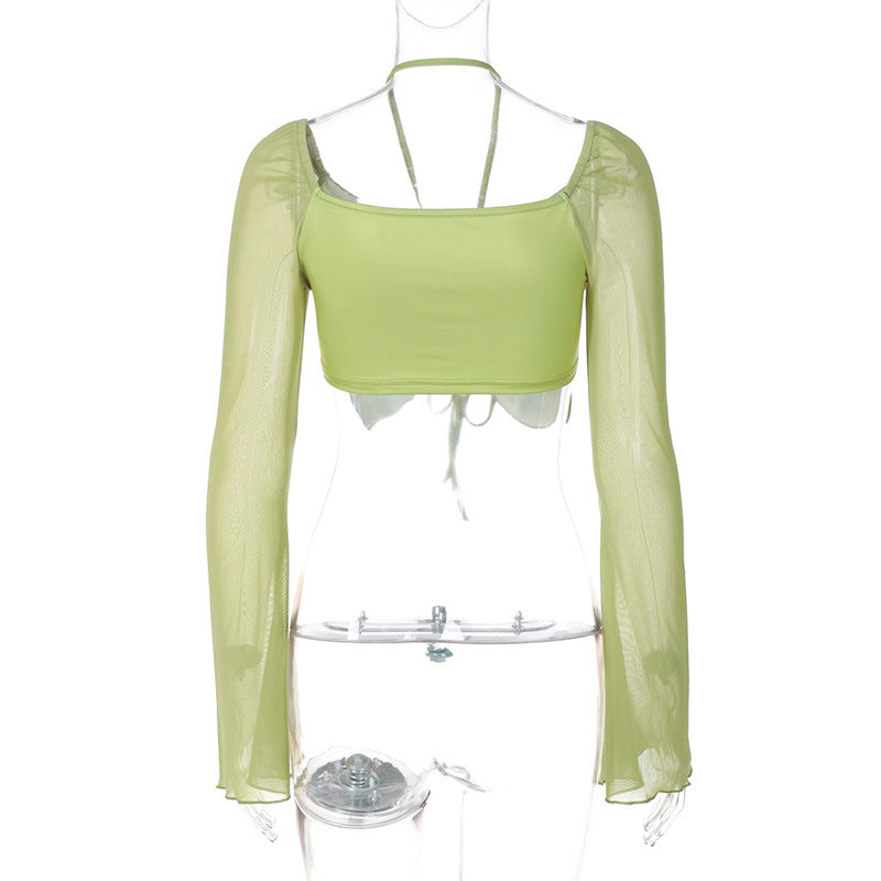 Butterfly Lace-Up Crop Top - Green Mesh