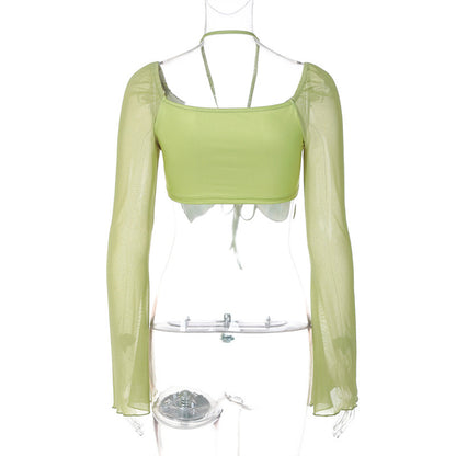 Butterfly Lace-Up Crop Top - Green Mesh