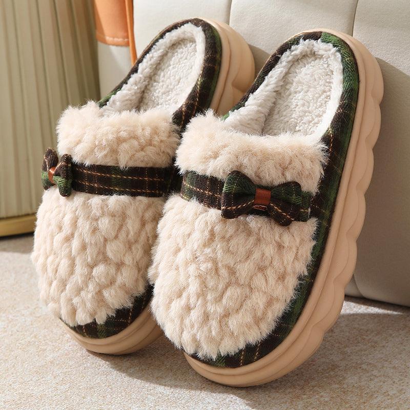 Winter Plush Slippers With Bow Button Design Indoor Non-slip Thick-soled Fur Home Slipper Fluffy Slides Household Warm Hose Shoes For Women - ForVanity SLIPPERS