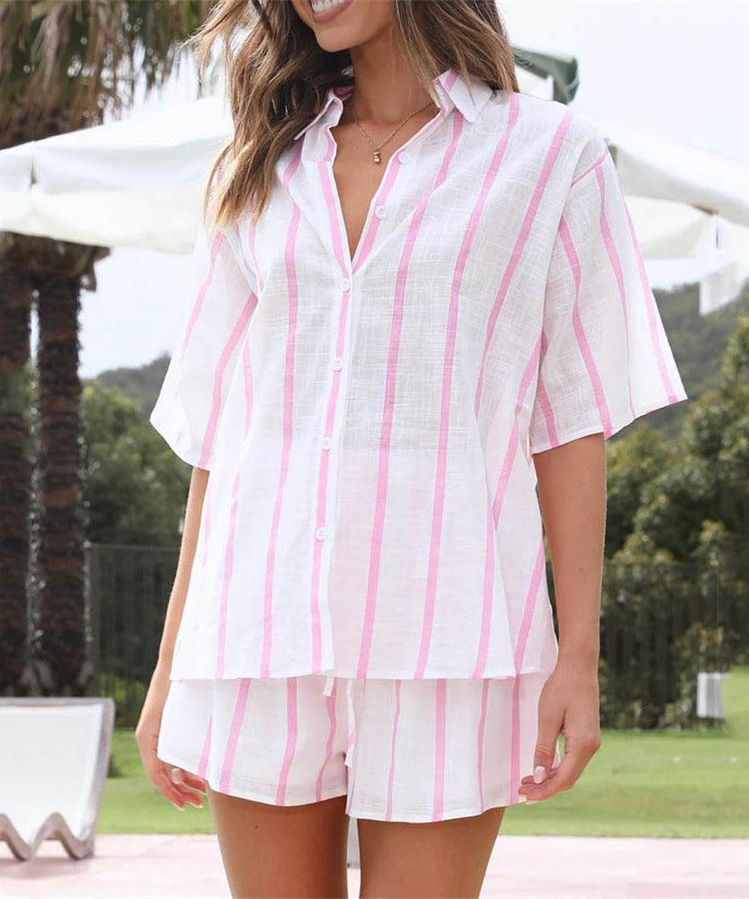 Summer Striped Printed Beach Casual Shorts Outfit - ForVanity 