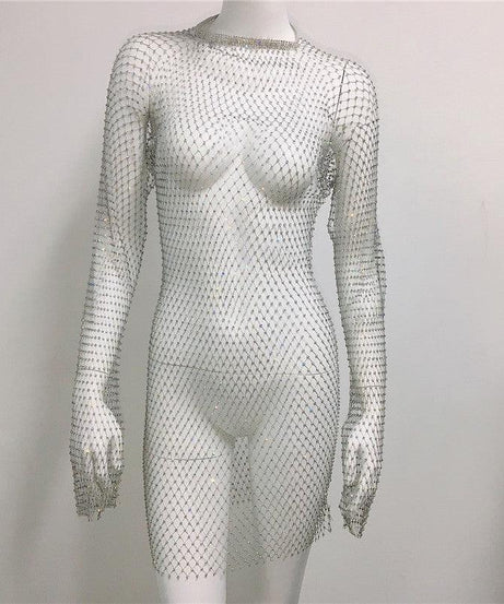 Grid Rhinestone Fishnet Fishnet Beach Dress - ForVanity dress, Vacation Dress Vacation Dress