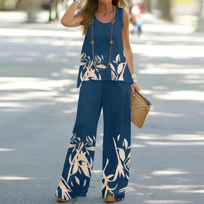 Summer Women Printed Sleeveless Top Trousers Outfit