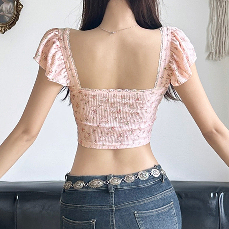 French Floral Lace Flying Sleeve Slim Top