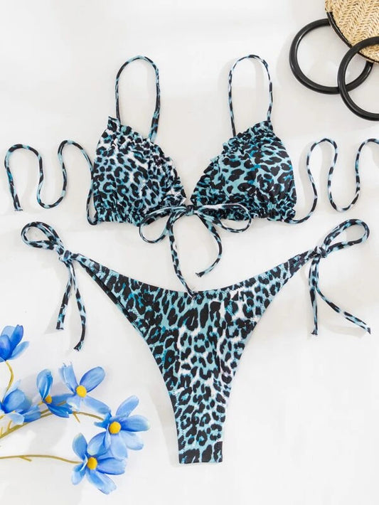 Pleated Leopard Print Split Swimsuit