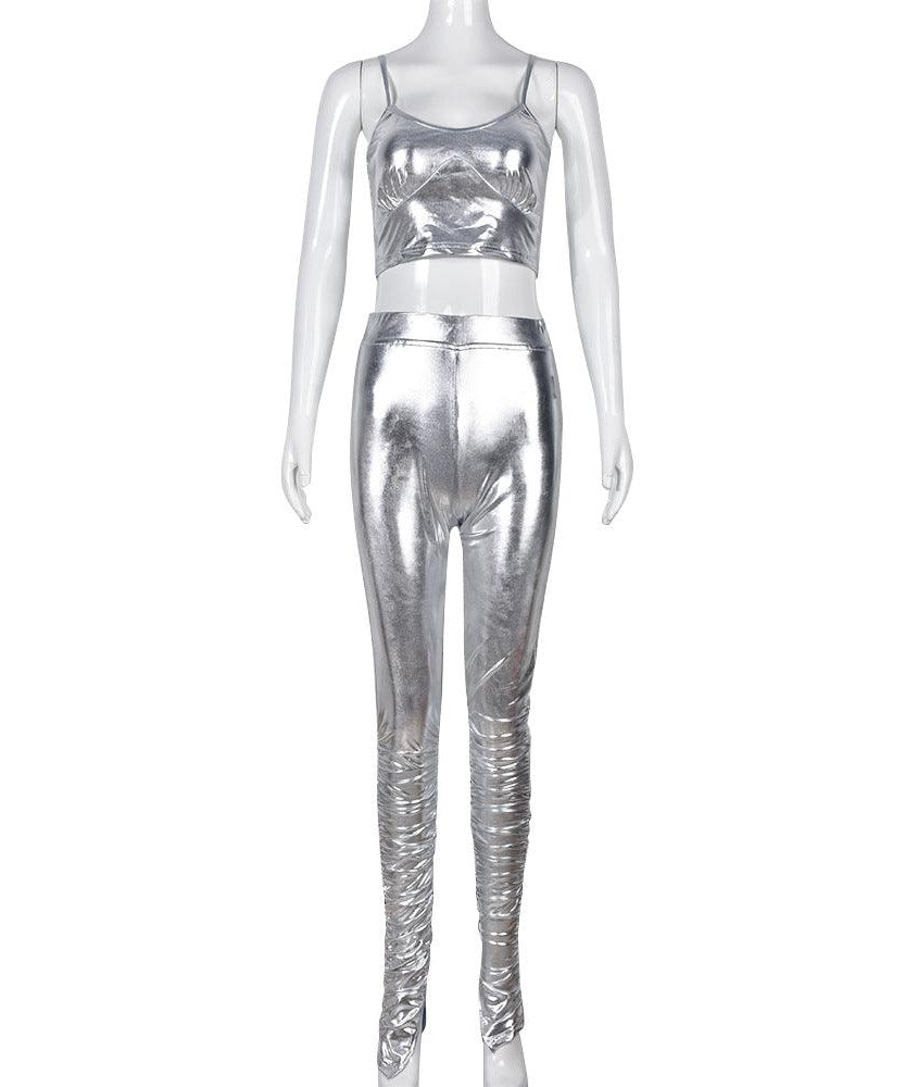 Two Piece Metallic Glossy Pleated Outfit - ForVanity pant outfit, women's outfits Pants Outfits