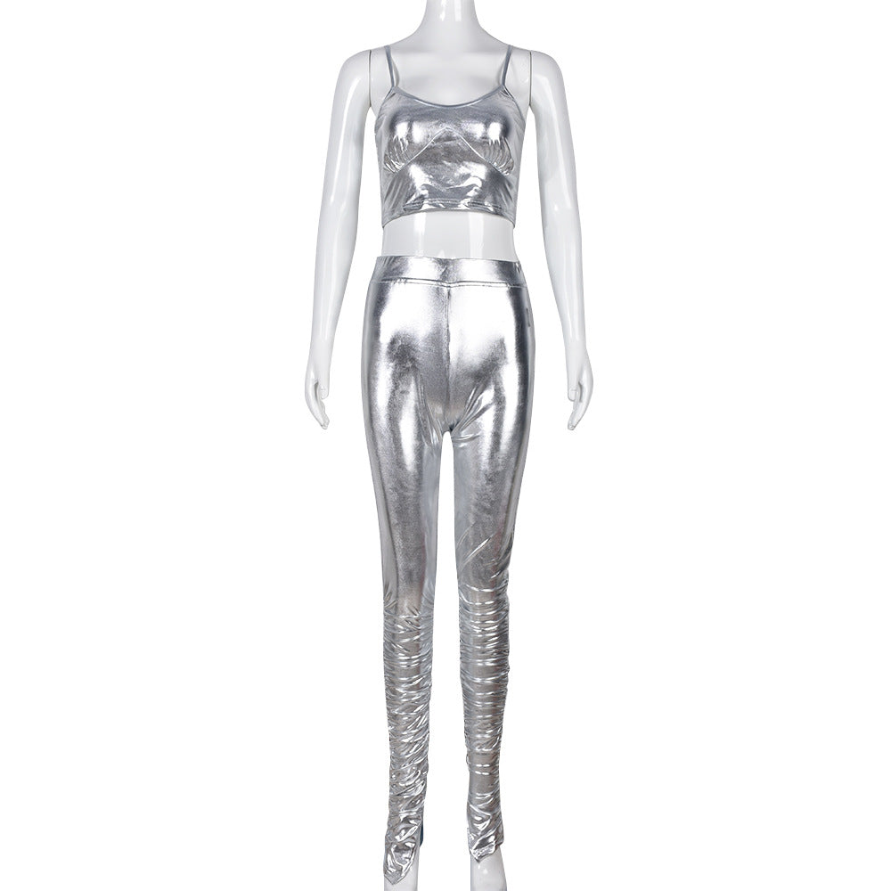 Two Piece Metallic Glossy Pleated Outfit - ForVanity pant outfit, women's outfits Pants Outfits