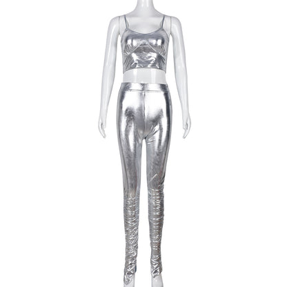 Two Piece Metallic Glossy Pleated Outfit - ForVanity pant outfit, women's outfits Pants Outfits