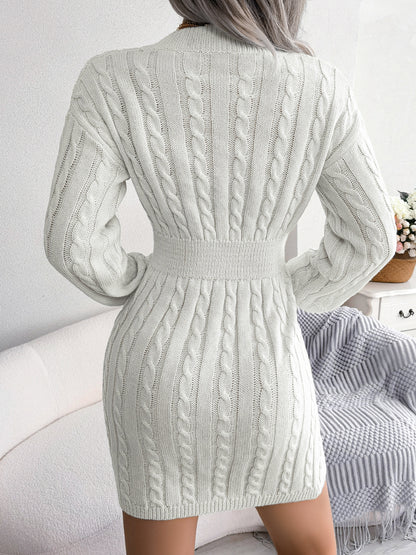 V-Neck Sweater Dress - Waist-Controlled with Elegant Lantern Sleeves