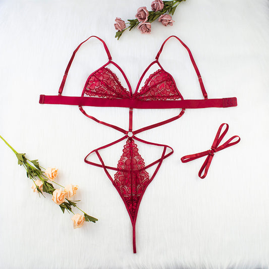 Burgundy Lace Ultra-Thin Seamless Cutout Bodysuit - ForVanity teddy, women's lingerie Teddy