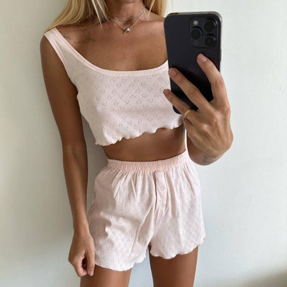 Summer Casual Women Solid Color Hollow Out Shorts Outfit - ForVanity 