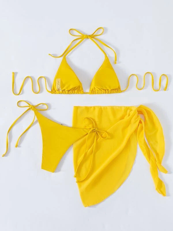 Triangle Cup Bandage Bikini Three-Piece Swimsuit - Sexy Boho Vacation Style
