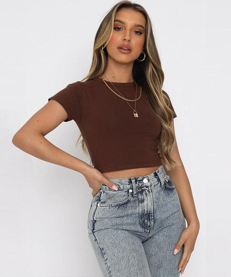 Slim Fit Round Neck Cropped Top for Women - ForVanity women's clothing, women's tops & tees Tops & Tees