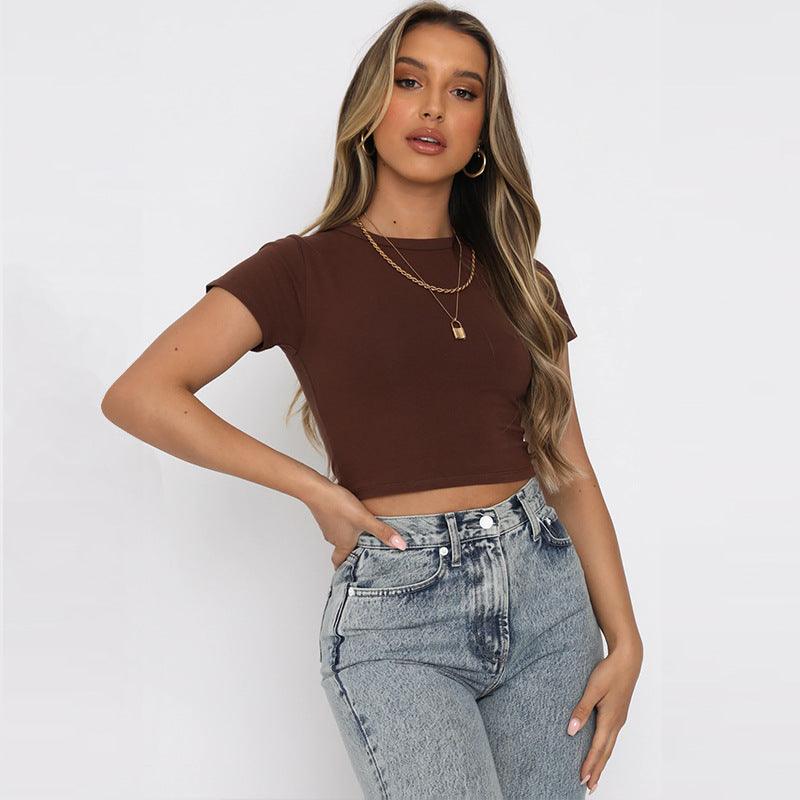 Slim Fit Round Neck Cropped Top for Women - ForVanity women's clothing, women's tops & tees Tops & Tees
