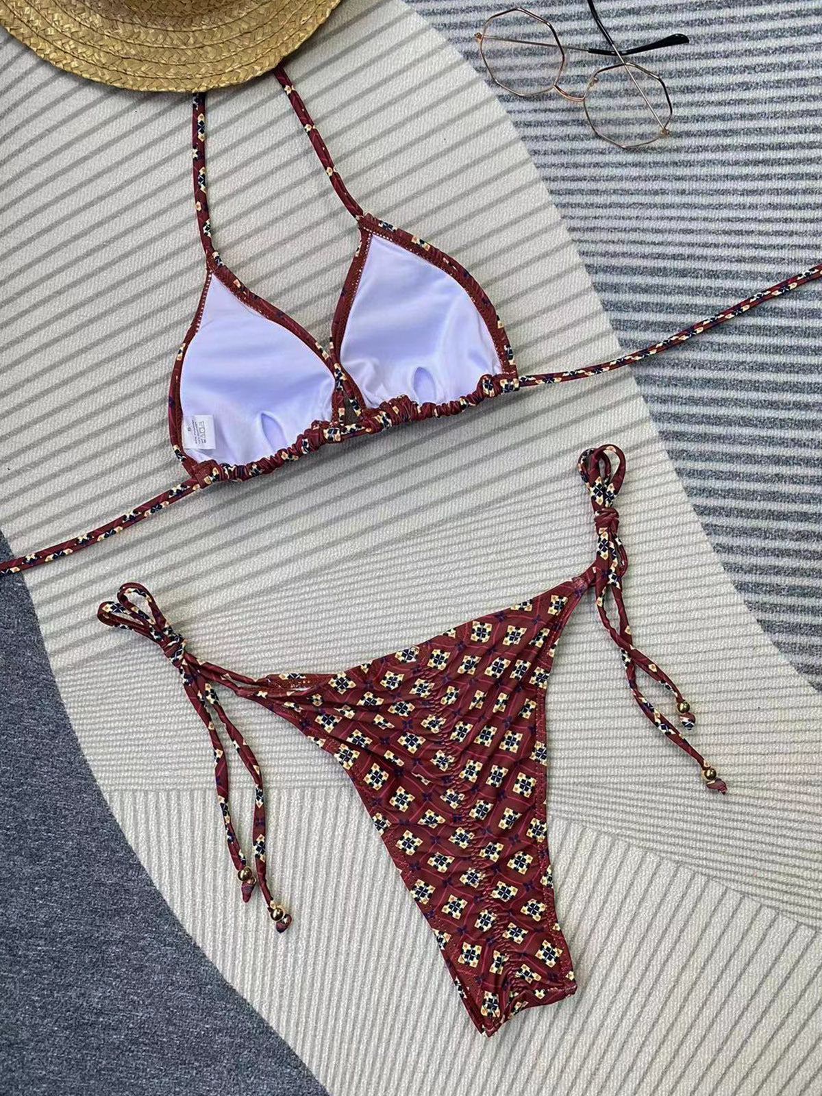 Printed Lace up Bikini Split Swimsuit